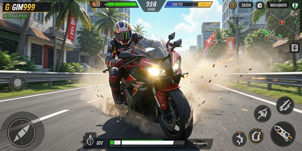 Tampilan gameplay GIM999 menampilkan aksi balap motor yang seru.