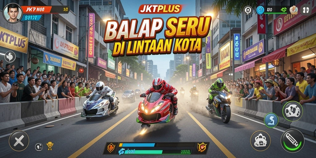 Screenshot gameplay JKTPLUS menampilkan aksi balapan yang menegangkan.