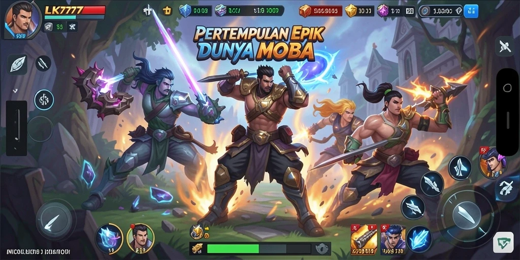 Screenshot LK777 menampilkan aksi intens dalam pertempuran MOBA.